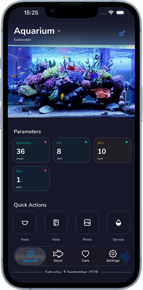 Aquafy dashboard with water parameter trends