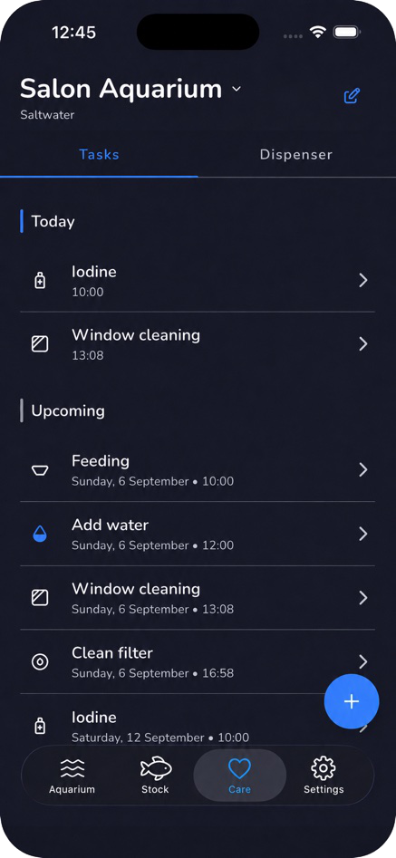 Aquafy maintenance tasks screen
