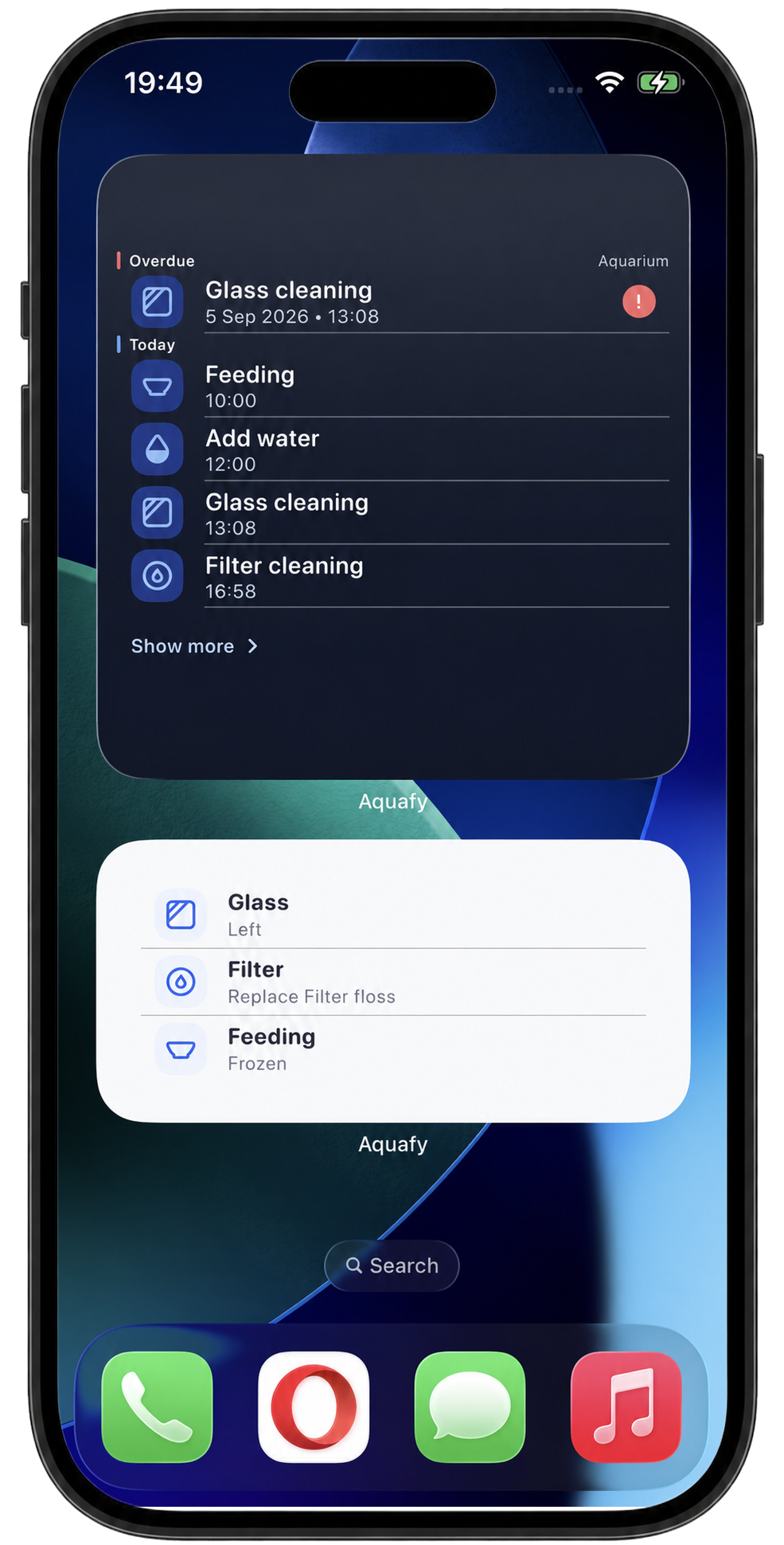 Aquafy home-screen widgets for tasks and recent activity