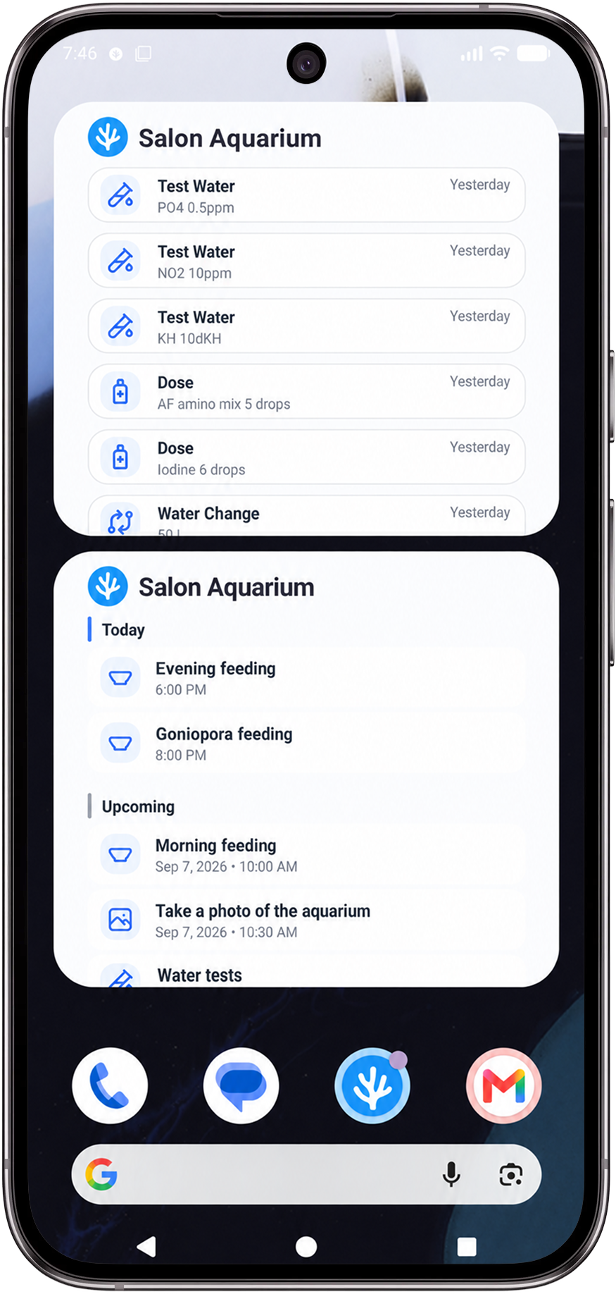 Aquafy home-screen widgets for tasks and recent activity
